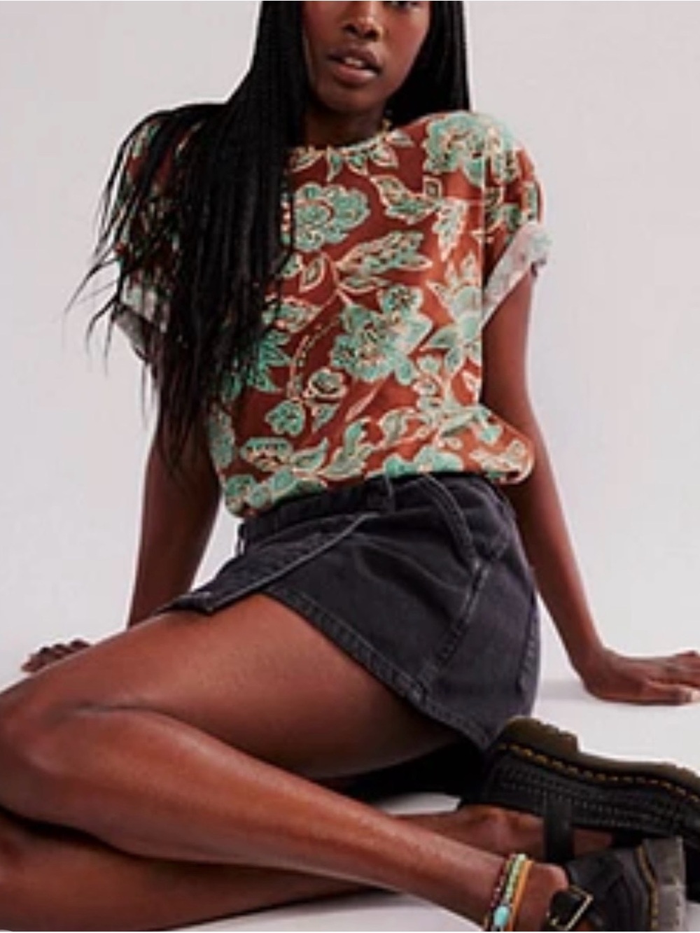 Free People We The Free Nina Printed Tee Floral Oversized Brown Turquoise L